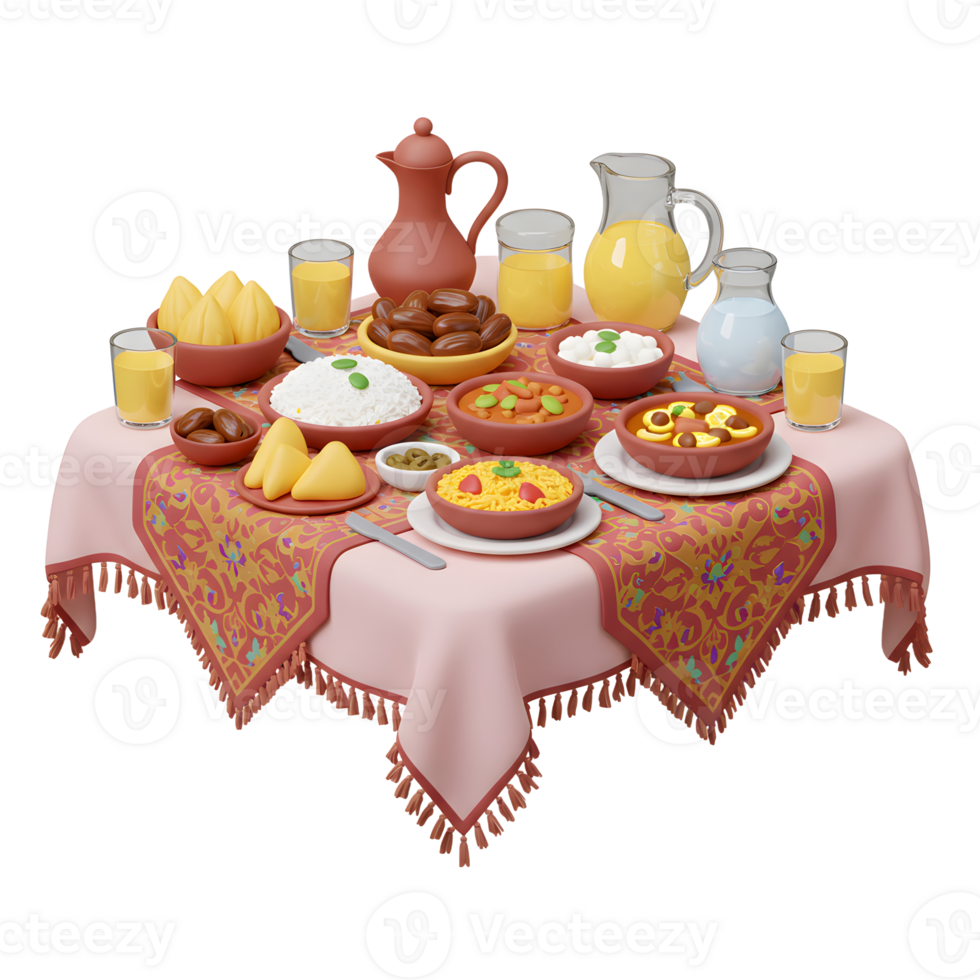 Traditional Ramadan Iftar Meal with Dates, Rice, Juice and More png