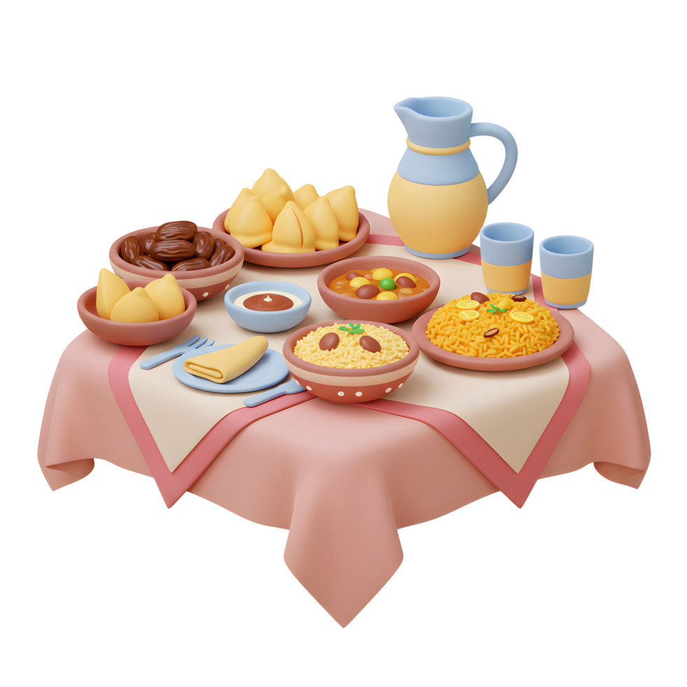 3D Rendering of Ramadan Iftar Table Setting with Traditional Food png
