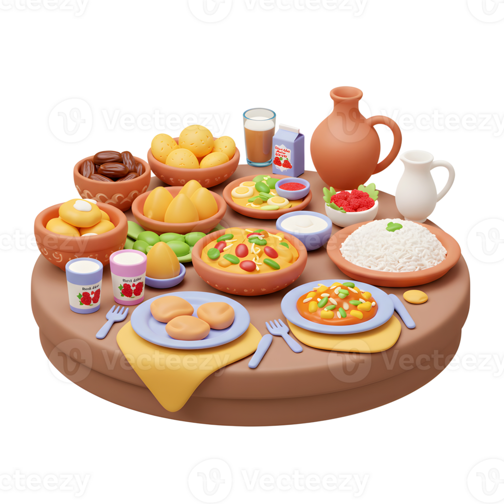 Festive Iftar Table Setting with Traditional Foods in Cartoon Style png