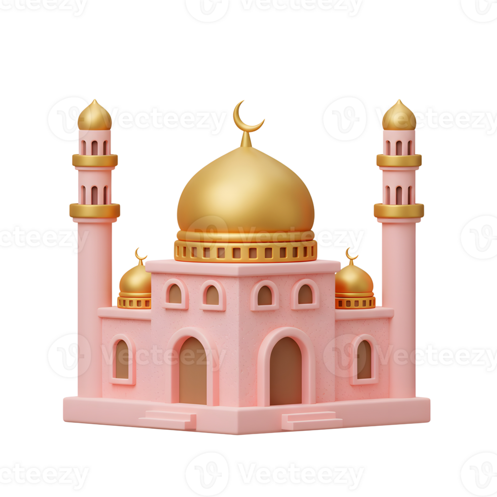 Pink Mosque with Golden Dome and Minarets Isolated on White png