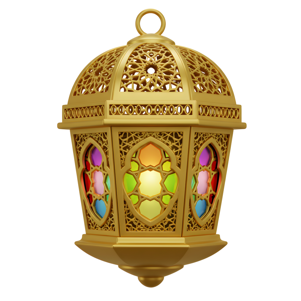 Golden Ramadan Lantern with Stained Glass Detail on White Background png