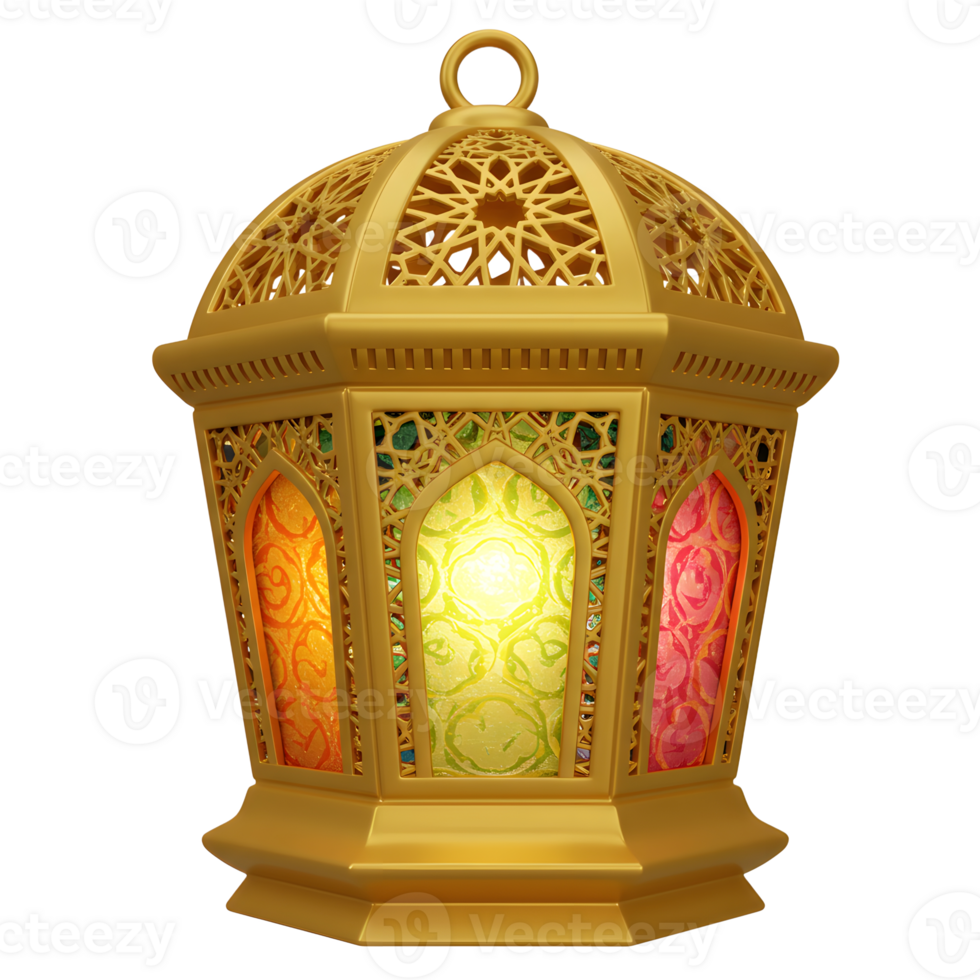 Golden Ramadan Lantern with Stained Glass Design on Isolated Background png