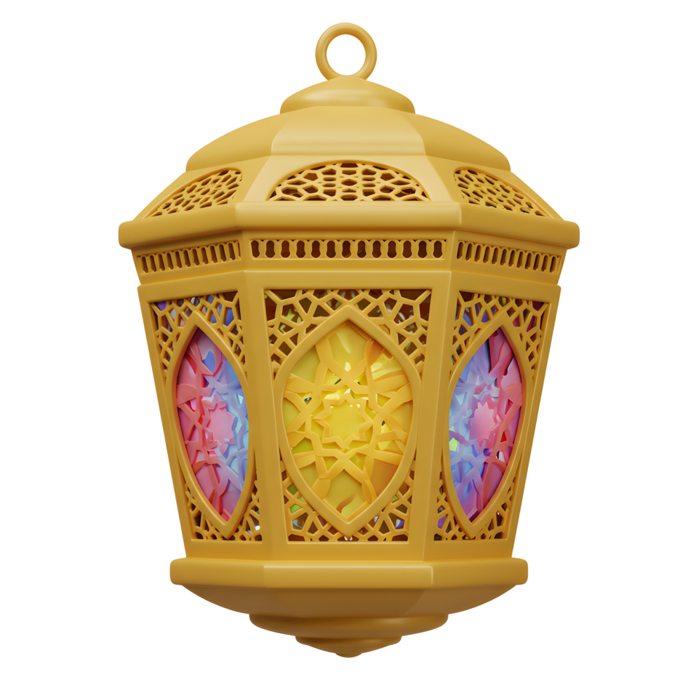 Elegant Ramadan Lantern with Geometric Pattern and Colorful Glass Panels png