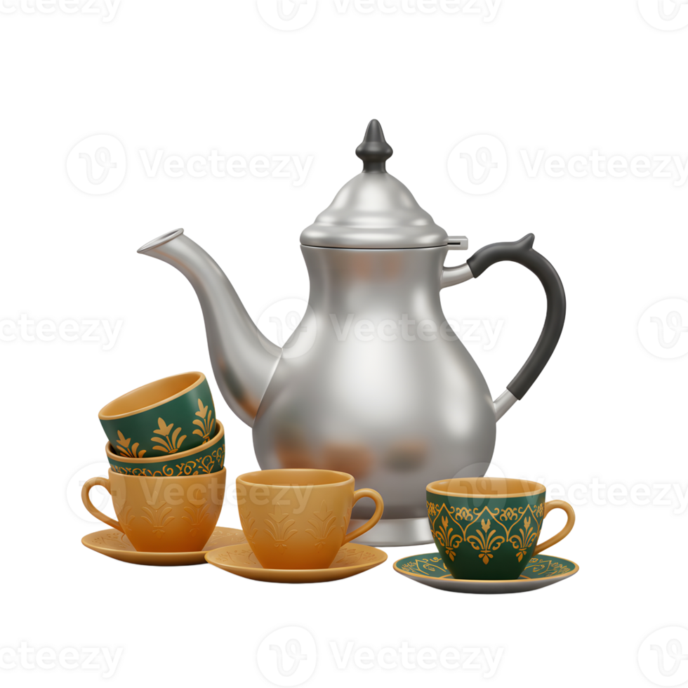 Elegant Silver Teapot with Decorative Cups and Saucers Still Life png