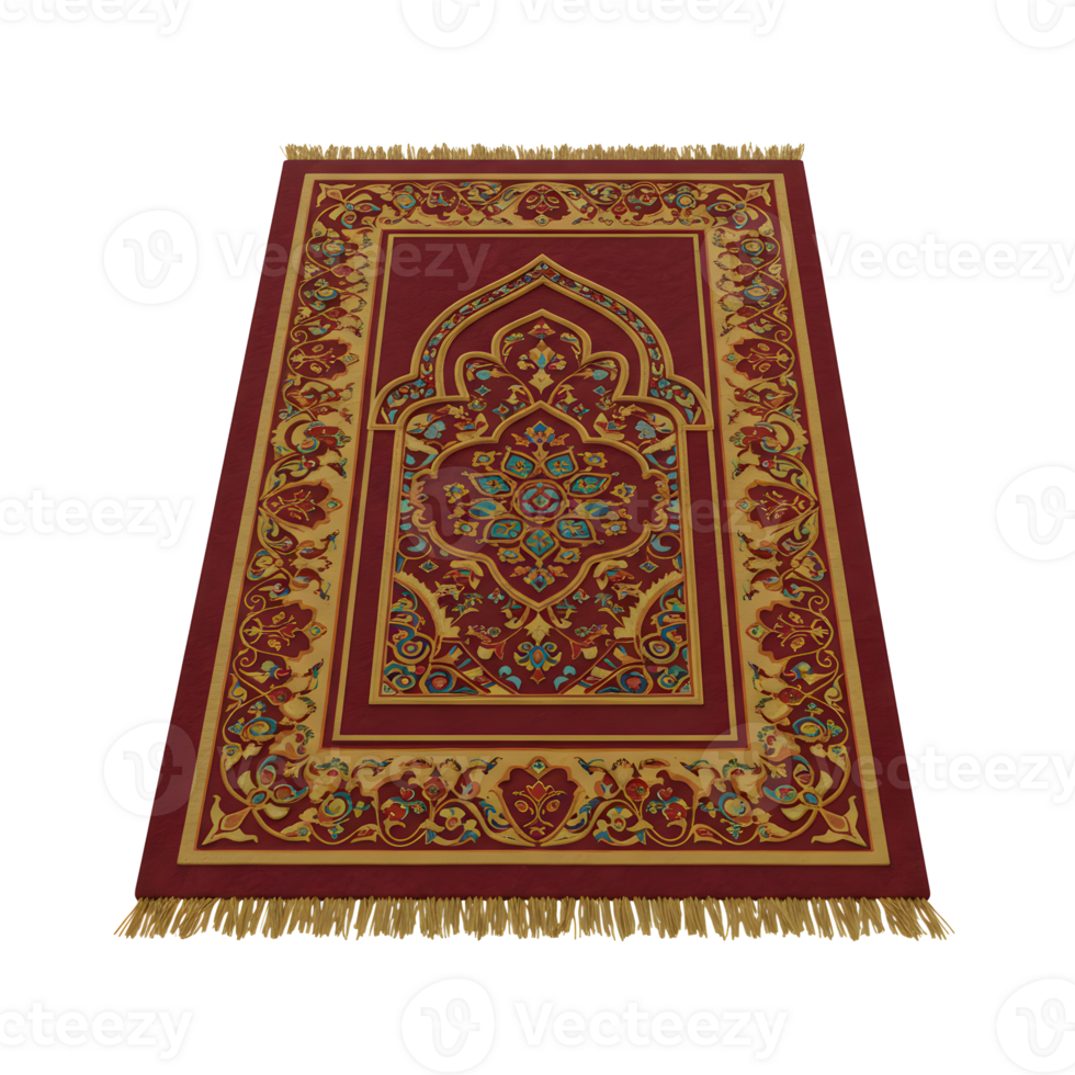 Ornate Burgundy Prayer Rug with Golden Floral Design and Fringes png