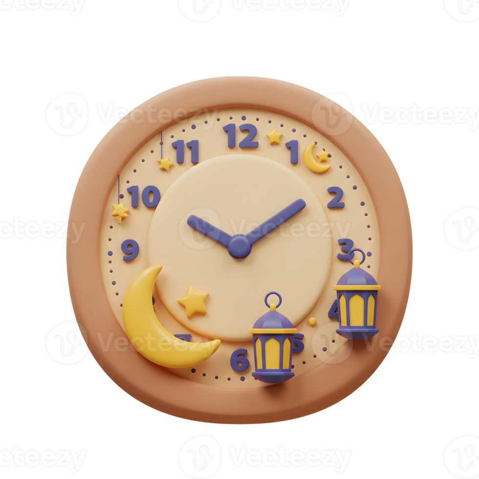 Ramadan Countdown Clock with Crescent Moon Stars and Lanterns Illustration png