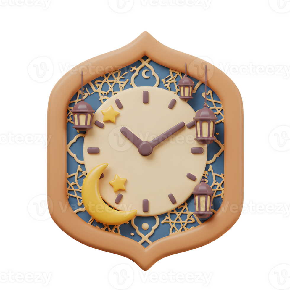 Ramadan Clock with Crescent Moon and Star Decorations in 3D Rendering png