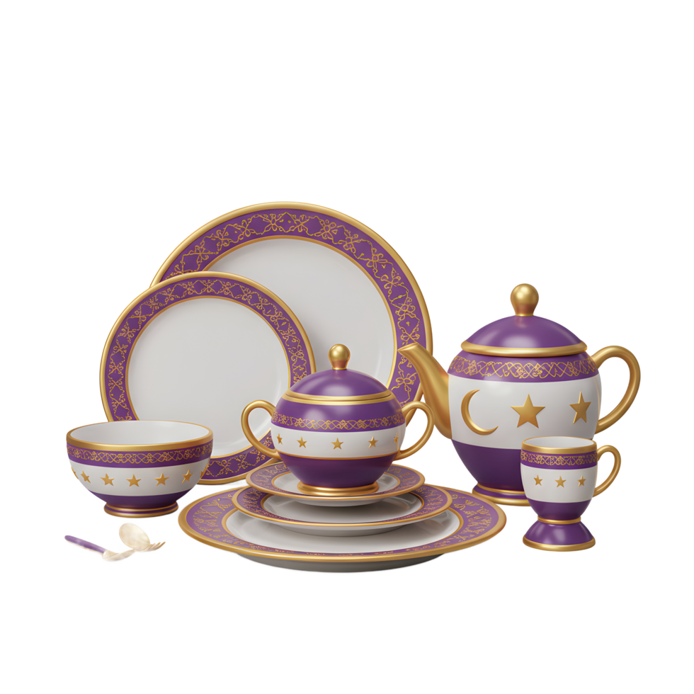 a purple and gold dinner set with a star on the cup png