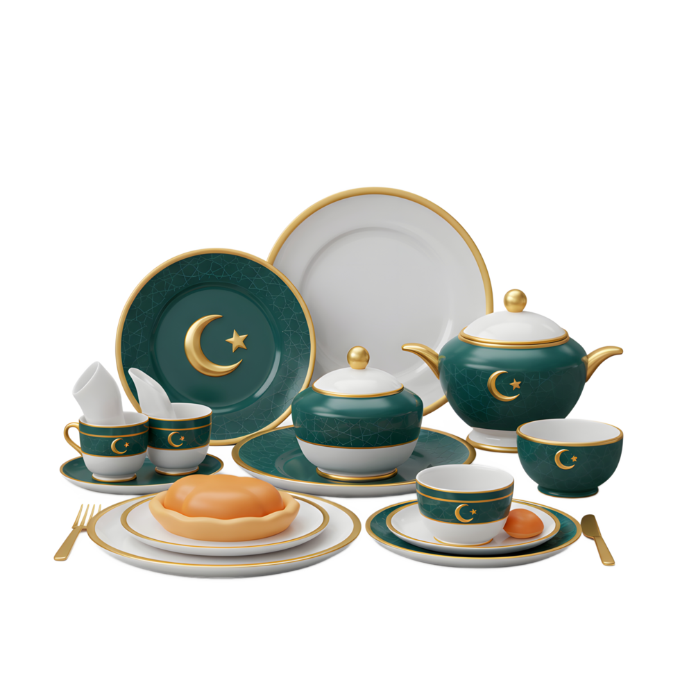 islamic dinner set with crescent moon and stars png