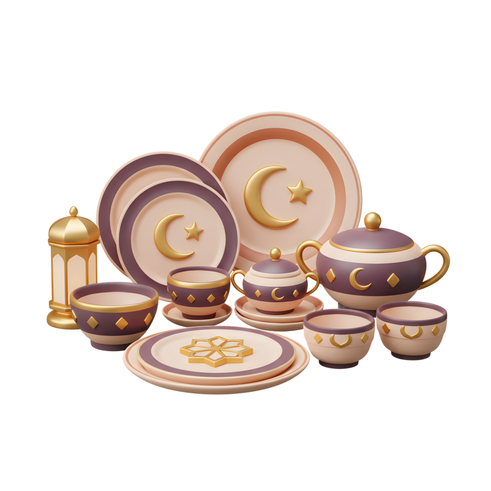 islamic dinnerware set on transparent background png