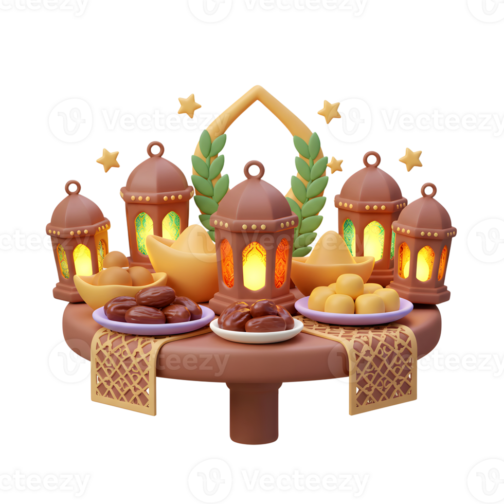 Ramadan Feast Celebration with Lanterns, Dates and Gold Ingots 3D Render png