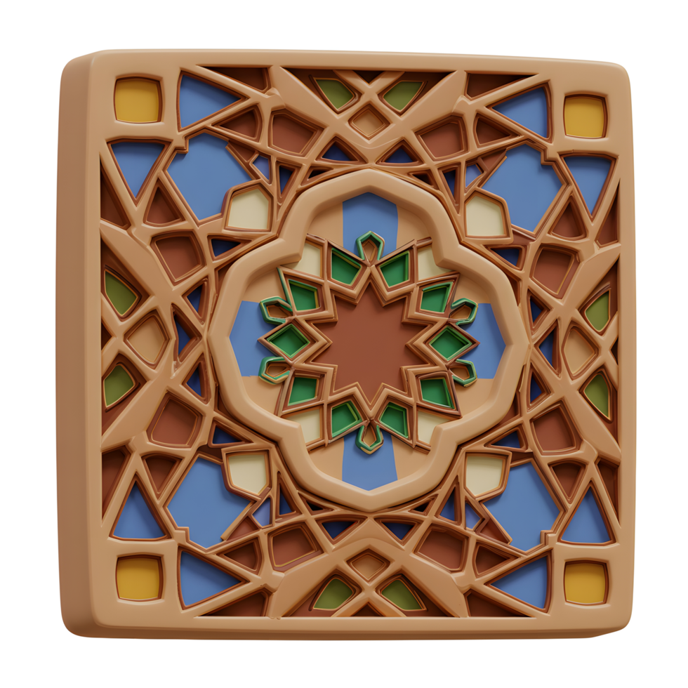 Decorative Islamic Tile with Geometric Patterns in Earth Tones and Blue png