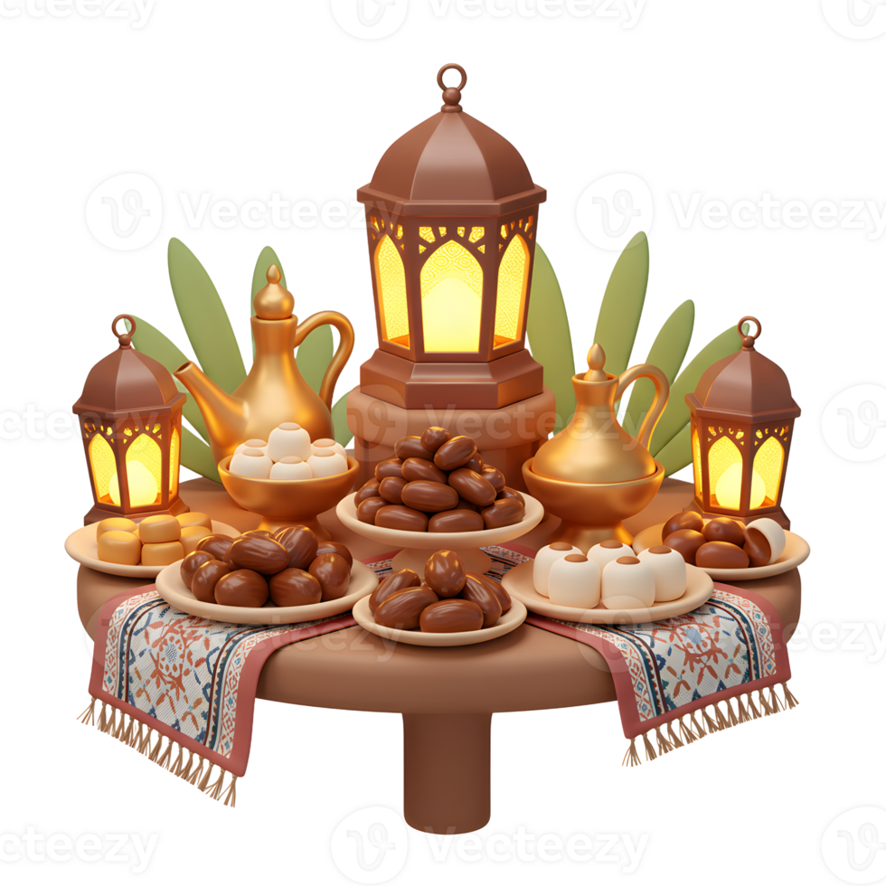 Ramadan Celebration with Dates Lanterns and Teapot 3D Render Illustration png
