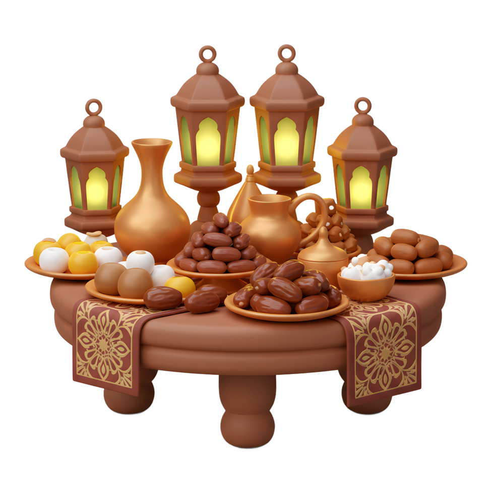 Ramadan Festive Table Setting with Lanterns, Dates, and Sweets png