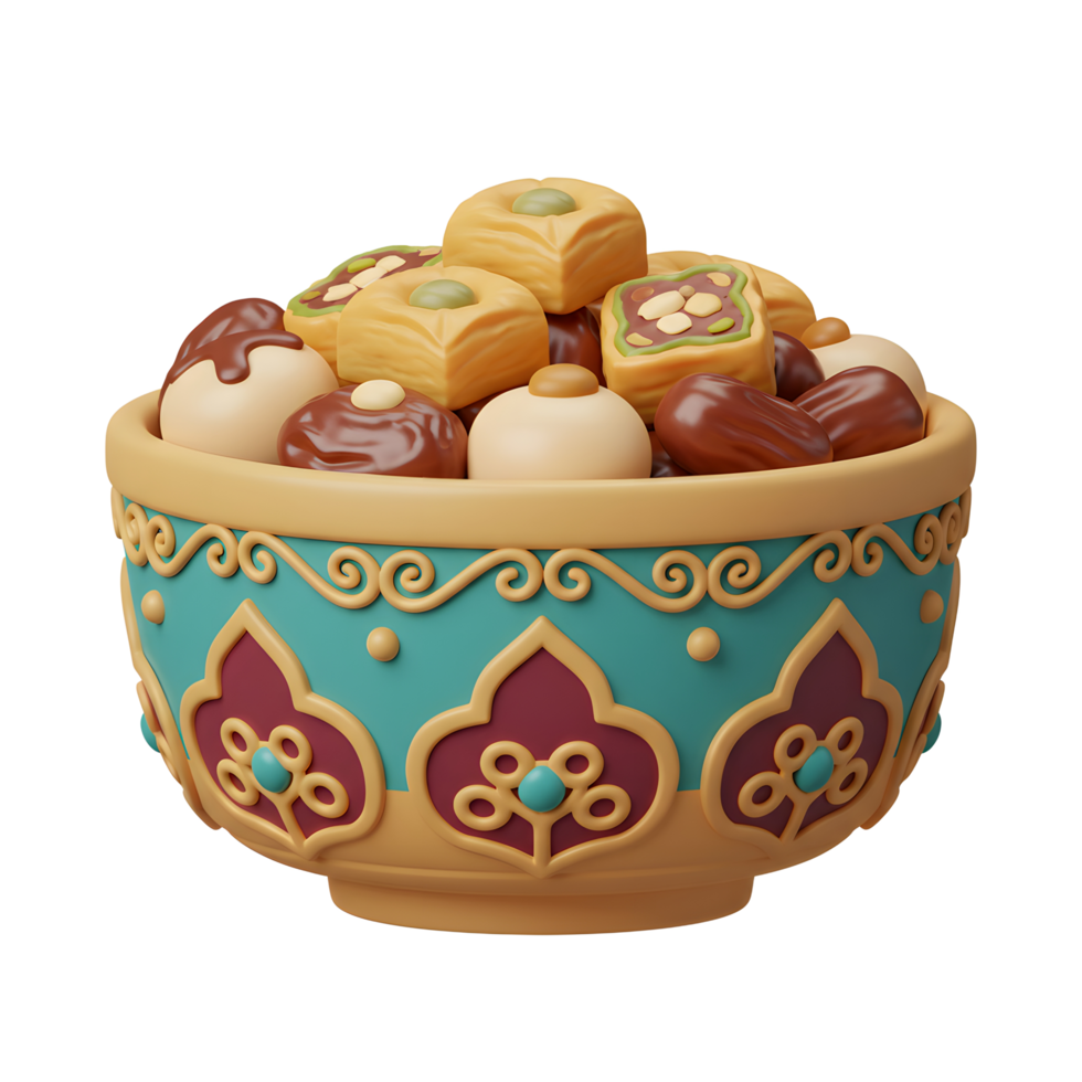 Bowl of Middle Eastern Sweets and Dates Isolated for Festive Occasions png