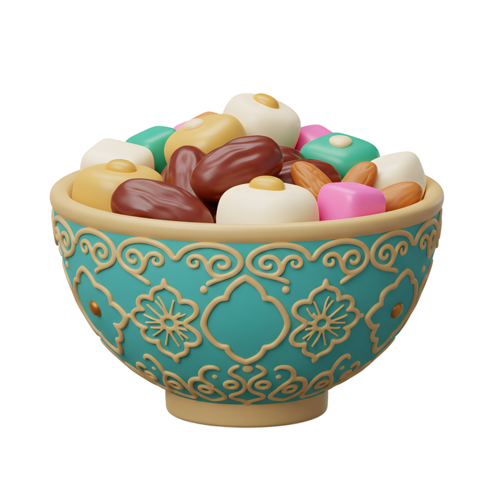 Festive Bowl of Middle Eastern Sweets and Dates for Celebrations png