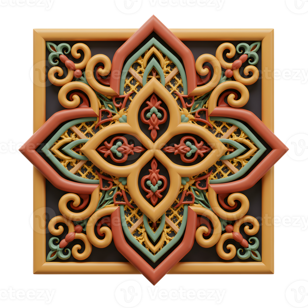 Intricate Floral Ornament with Geometric Design and Colorful Details png