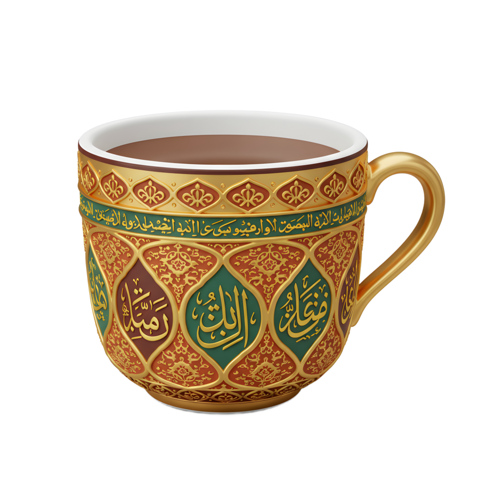 Elegant Gold Coffee Cup with Arabic Calligraphy and Intricate Ornamentation png