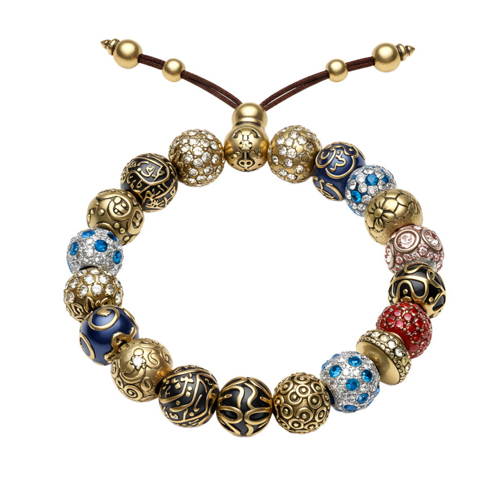 Elegant Beaded Bracelet with Gold and Jewel Accents Isolated on White png