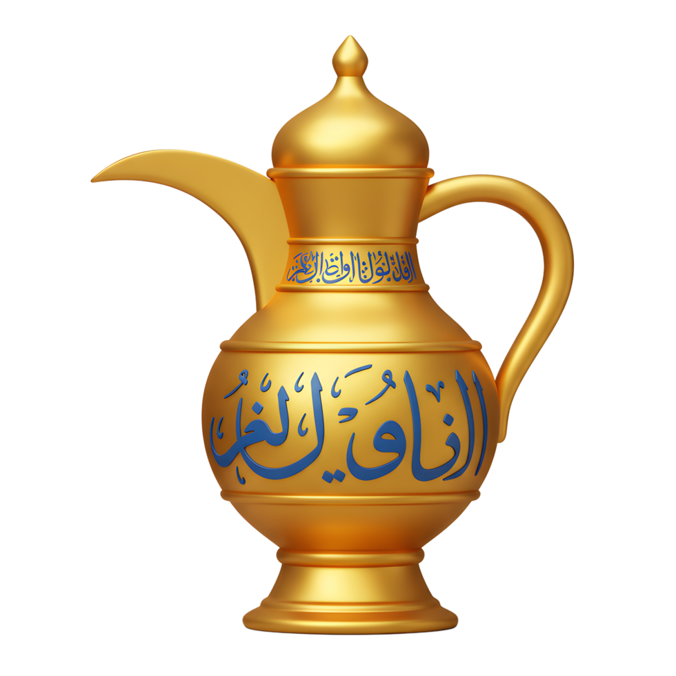 Ornate Gold Arabic Coffee Pot with Blue Inscription on White png