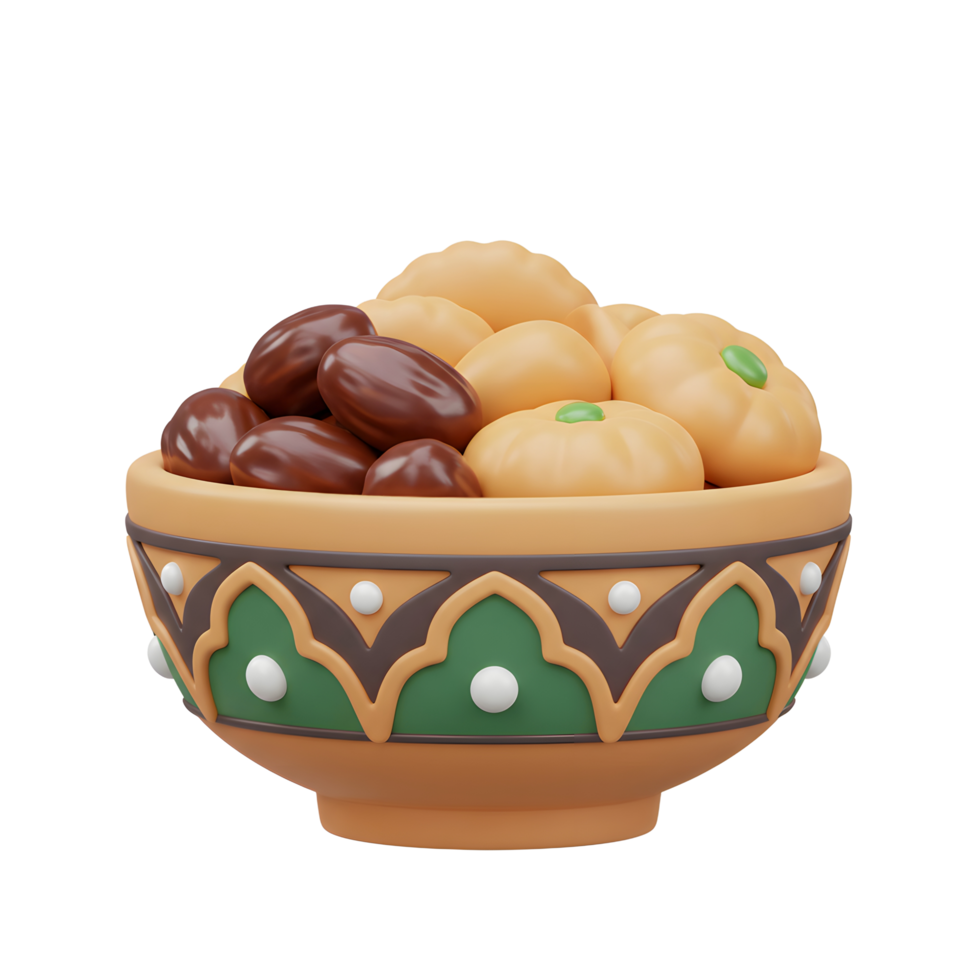 Bowl of Dates and Ramadan Sweets 3D Rendering for Celebration png