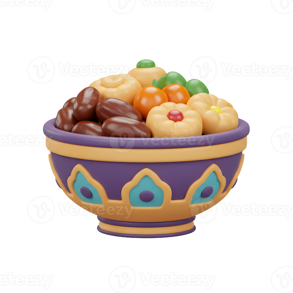 Bowl Filled with Ramadan Sweets and Dates on White Background png
