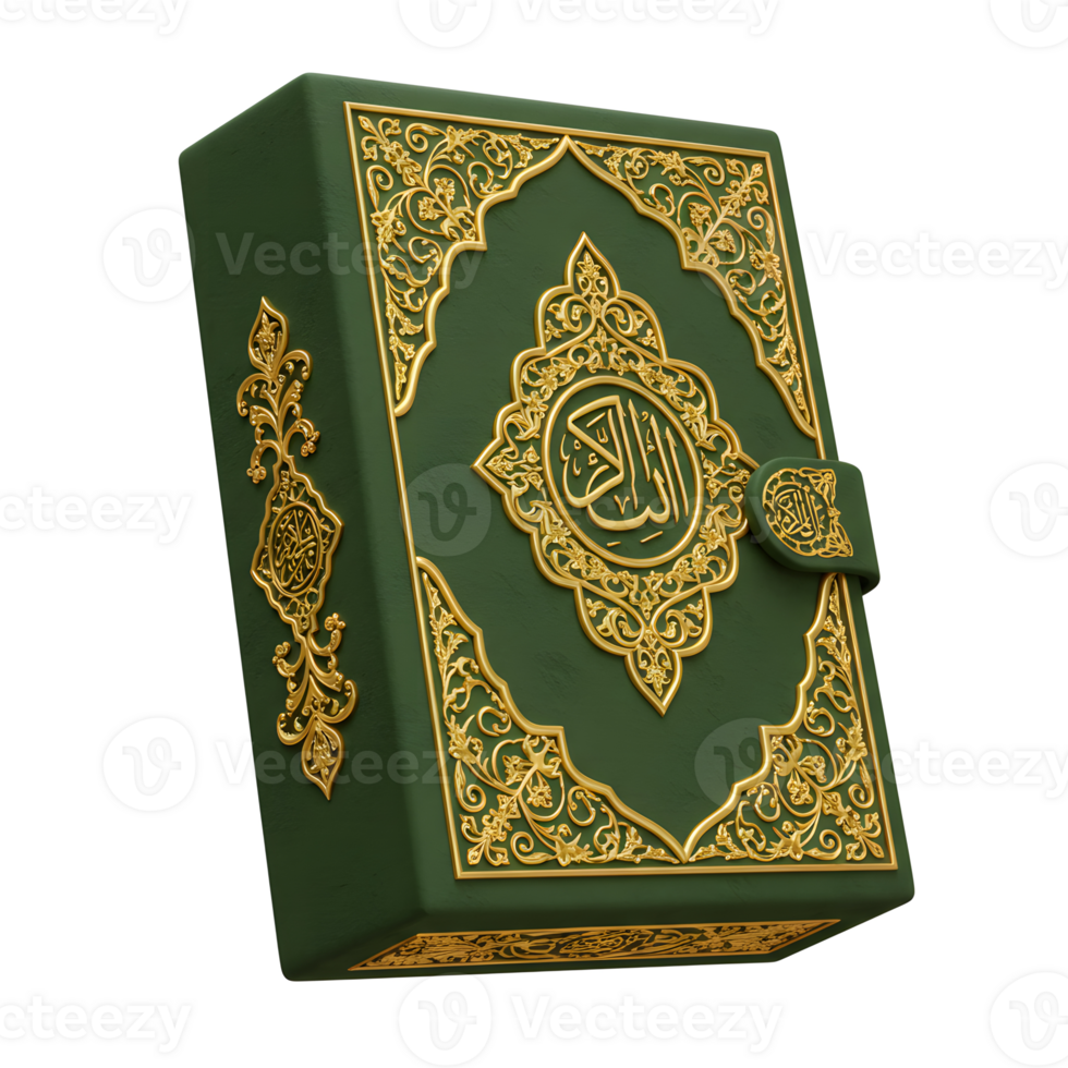 Ornate Quran with Gold Arabic Calligraphy on Green Background png