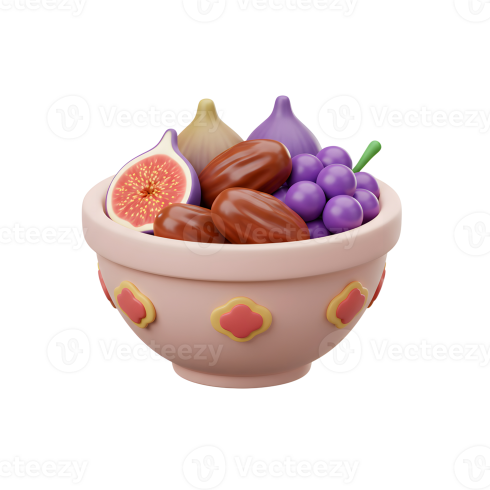 Festive Bowl of Assorted Ramadan Fruits Dates Figs and Grapes png