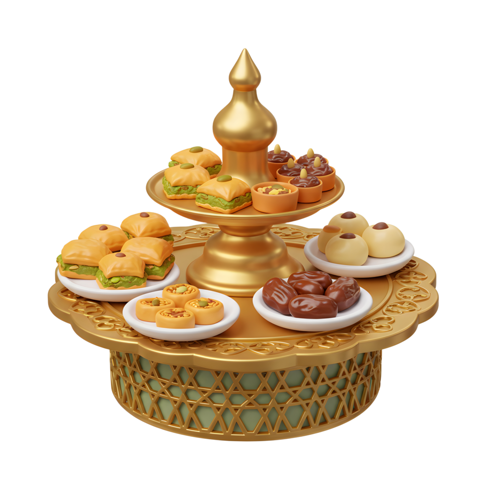 Traditional Middle Eastern Sweets Displayed on Golden Tiered Tray png