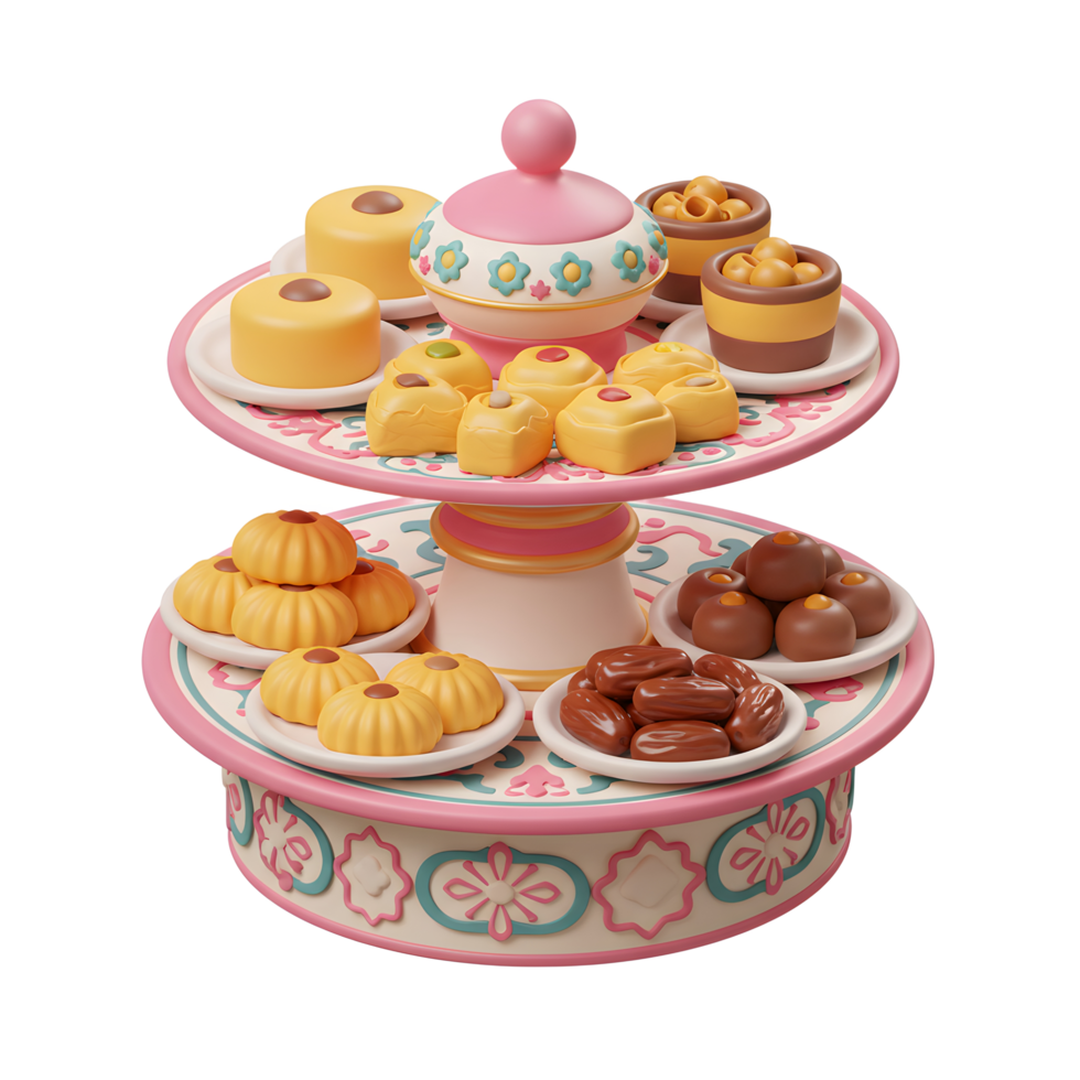 Elegant Two-Tiered Tray Displaying Middle Eastern Sweets and Dates png