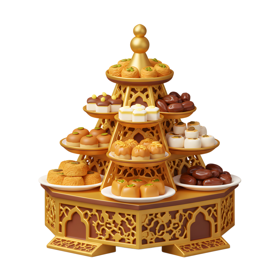 Elegant Tiered Dessert Stand Displaying Variety of Middle Eastern Sweets png