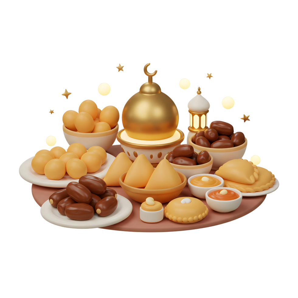 Delicious Ramadan Iftar Food Arrangement with Dates and Golden Dome png