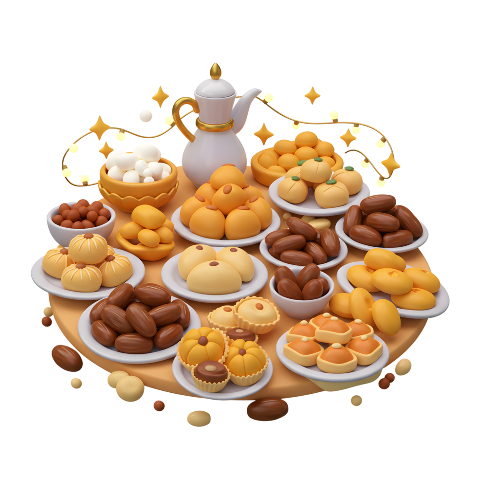 Festive Ramadan Sweets and Dates Platter with Decorative Lights Illustration png