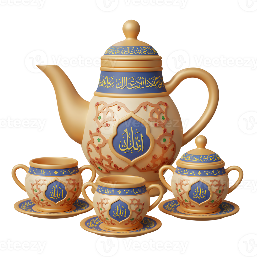 Elegant Gold Tea Set with Arabic Script, Teapot and Cups png