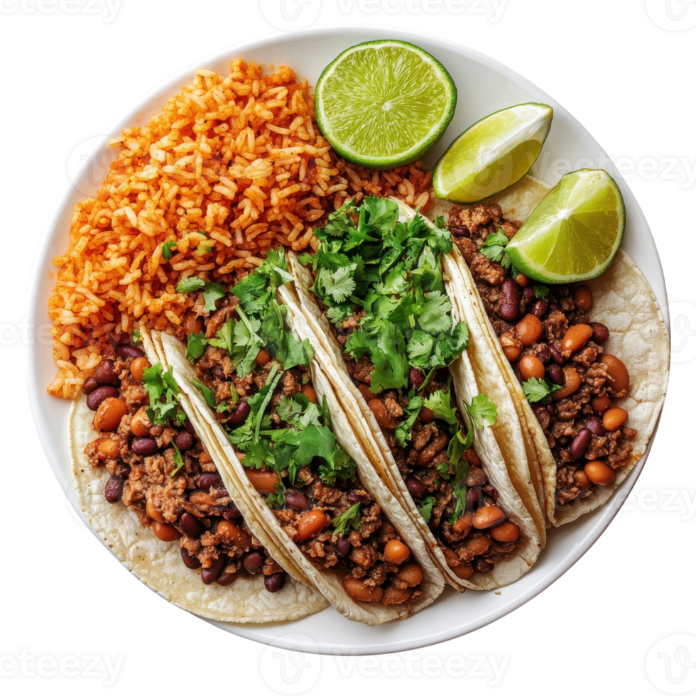 Delicious Tacos with Beans and Rice on transparent background. png