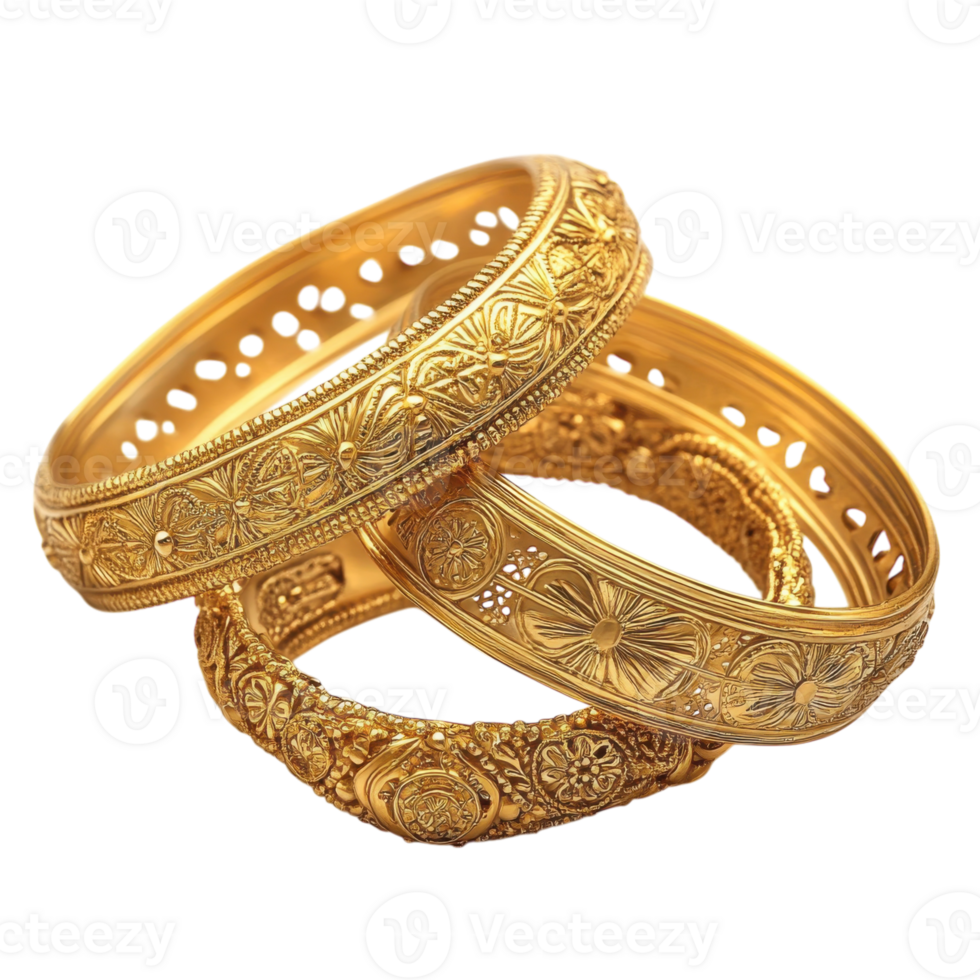 Intricate Gold Bangles Design on transparent background. png