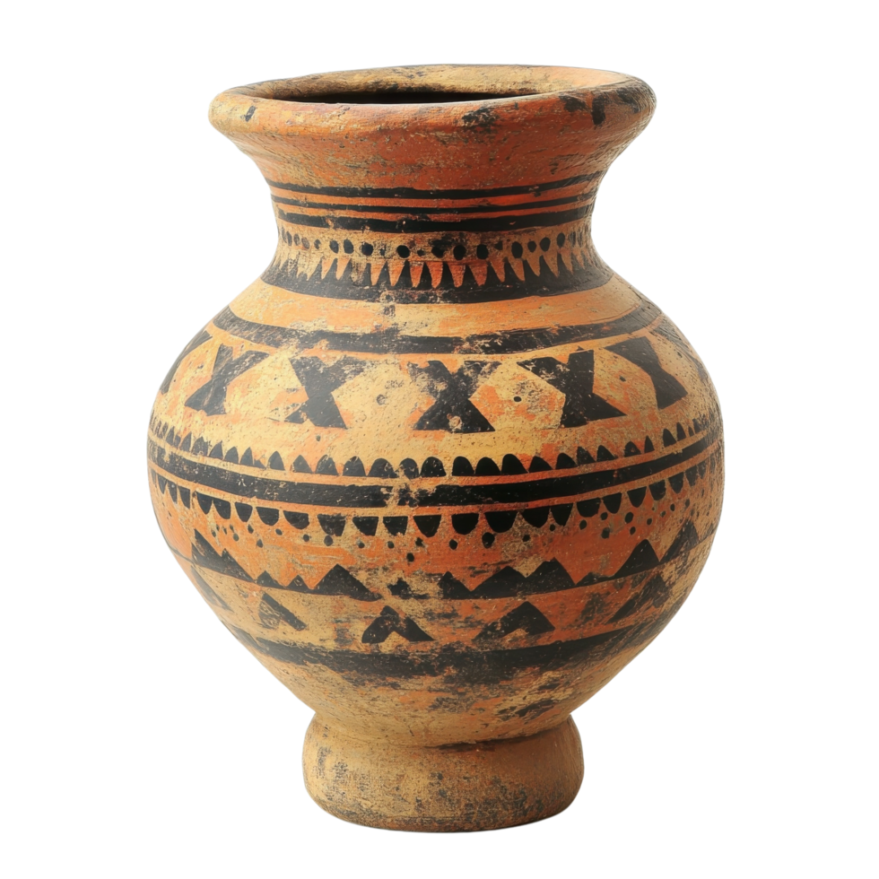 Ancient Pottery Vessel Exhibit on transparent background. png