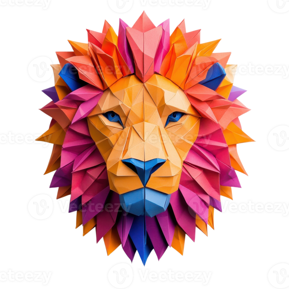 Origami Lion Colorful Paper Art on transparent background. png