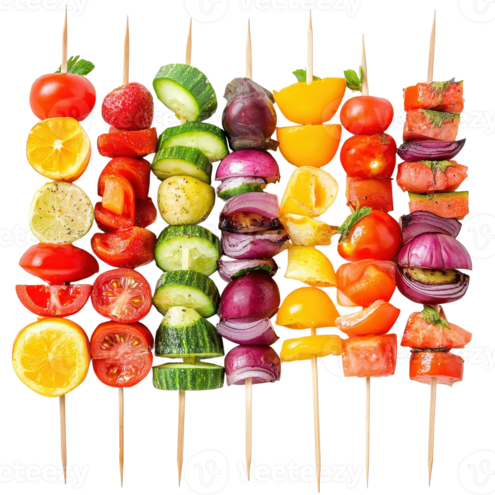 Colorful Fruit Veggie Skewers on transparent background. png