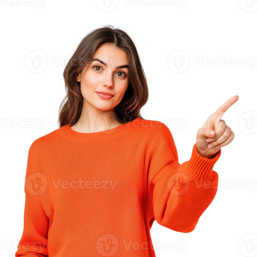 Woman in Orange Sweater Confidently Posing on transparent background. png