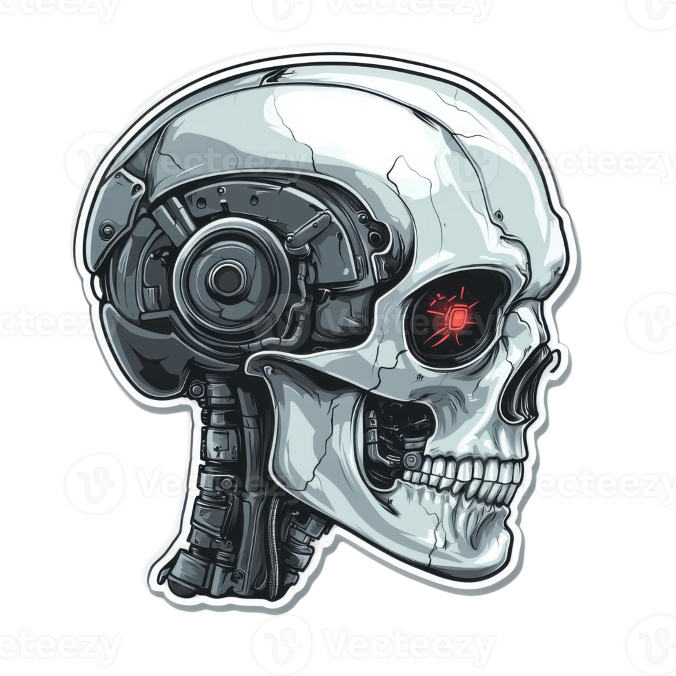 Detailed Robot Skull Sticker Design on transparent background. png