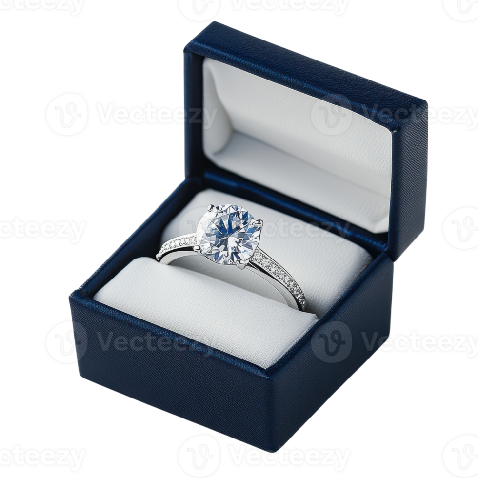 Elegant Diamond Ring in Navy Blue Box on transparent background. png