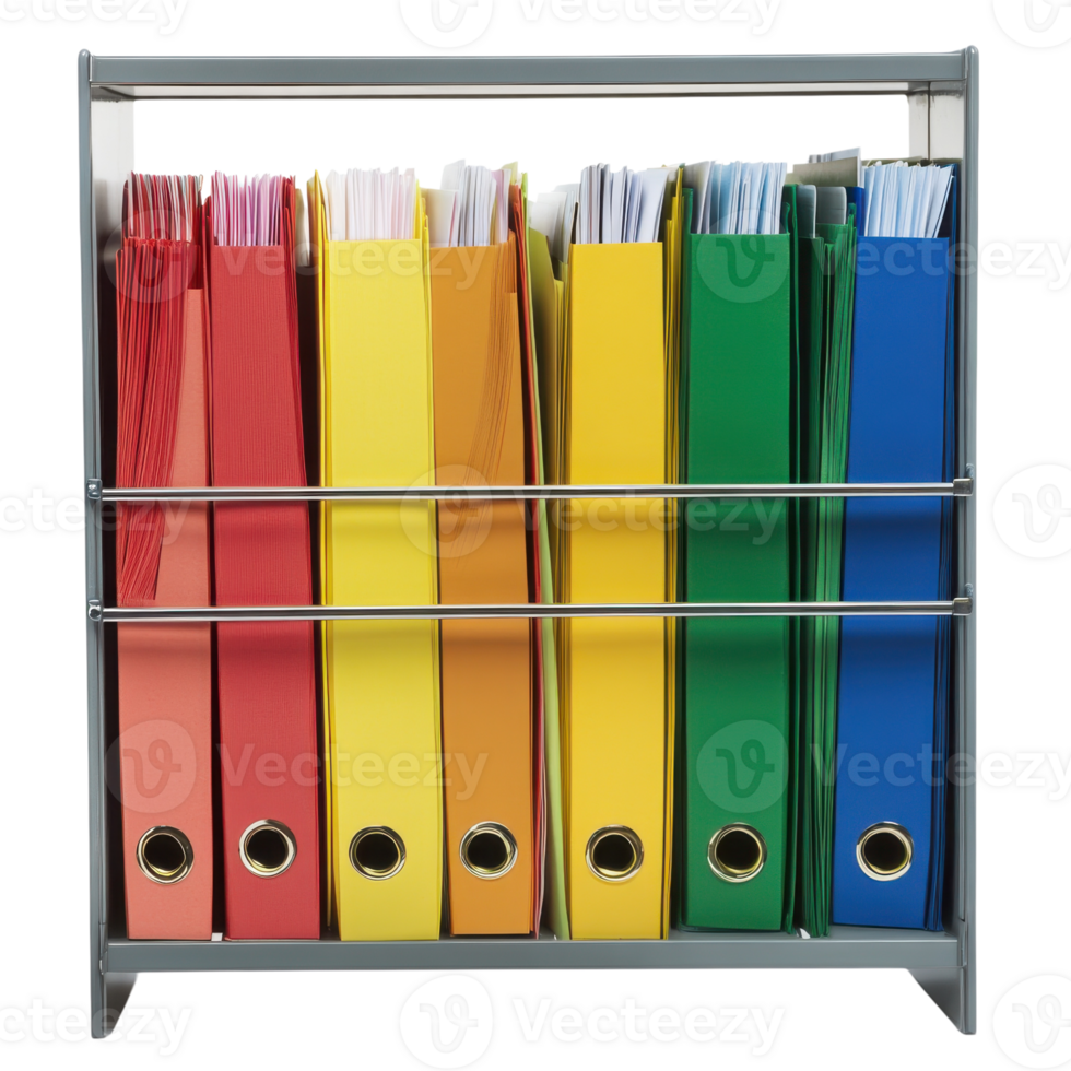Organized Office File Folders on Shelves on transparent background. png