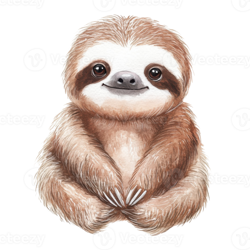 Adorable Baby Sloth Watercolor Clipart on transparent background. png
