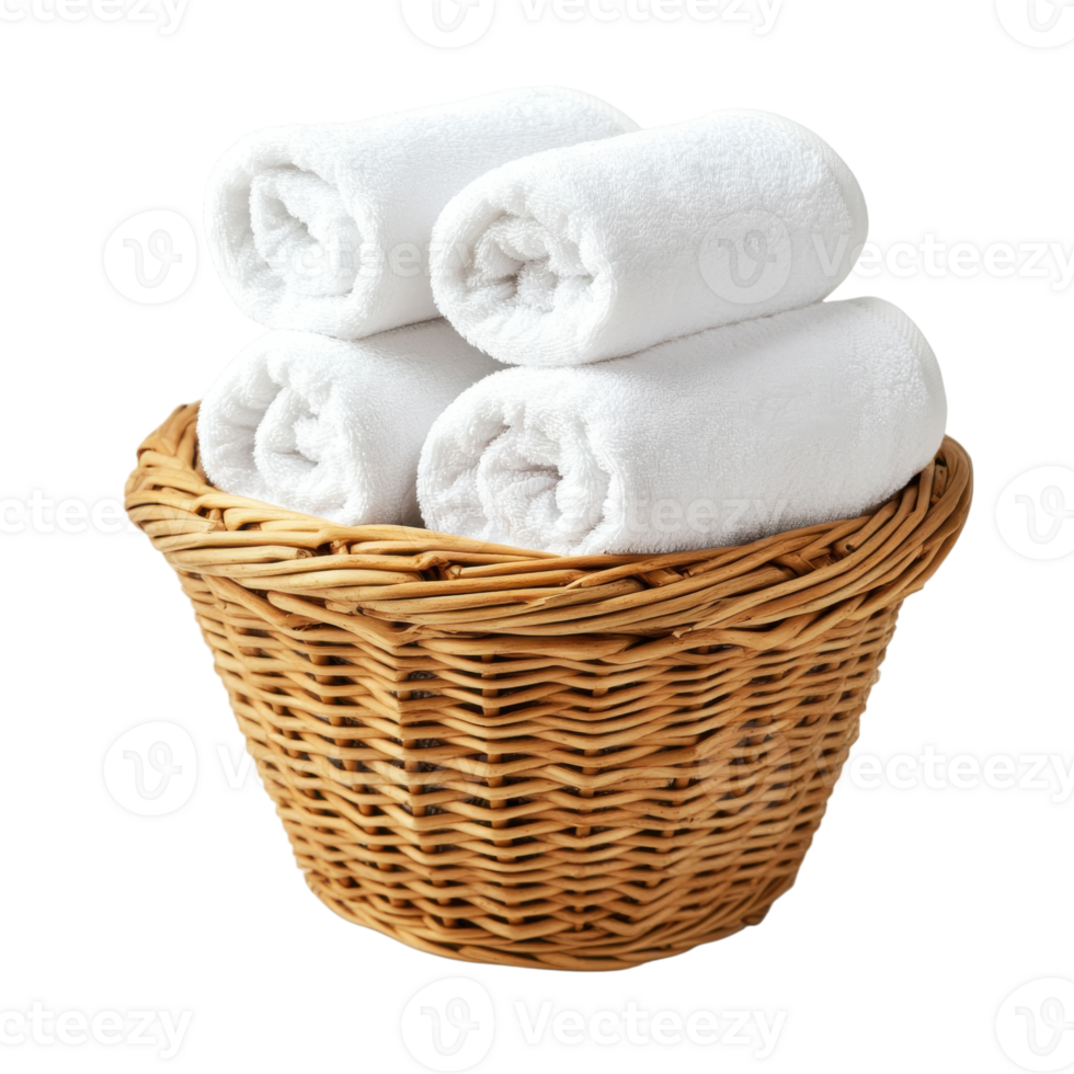 Rustic Wicker Basket with Rolled Towels on transparent background. png
