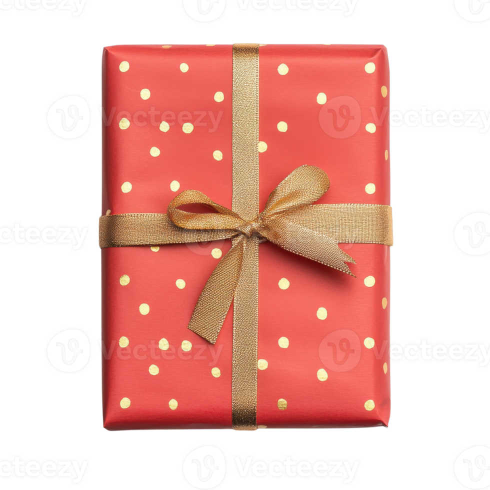 Red Gift Wrapped Present with Golden Ribbon on transparent background. png