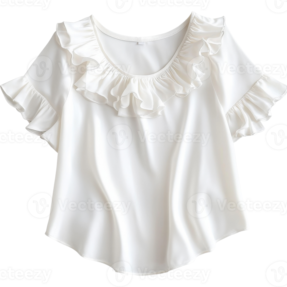 Stylish Ruffled White Summer Blouse on transparent background. png