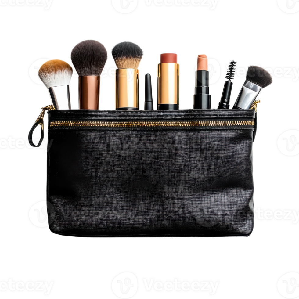 Stylish Cosmetic Bag Beauty Essentials on transparent background. png