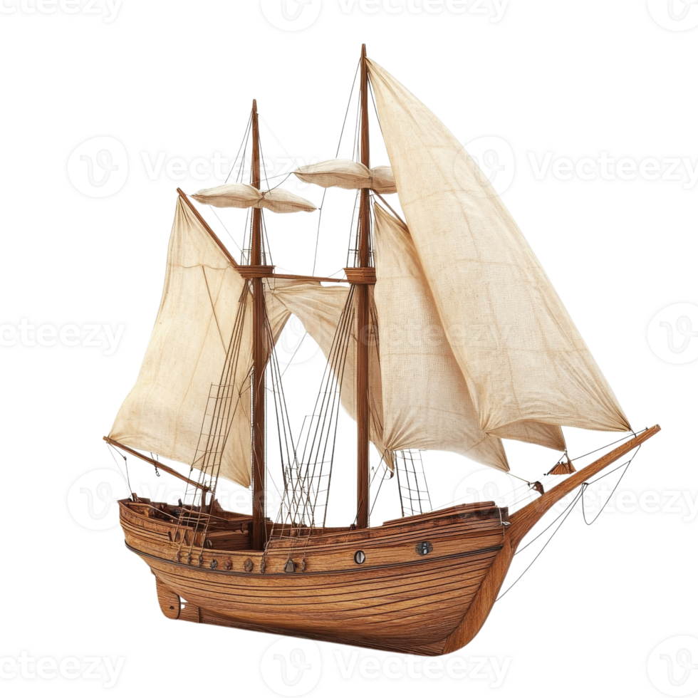 Wooden Sailboat with Fabric Sails at Sea on transparent background. png