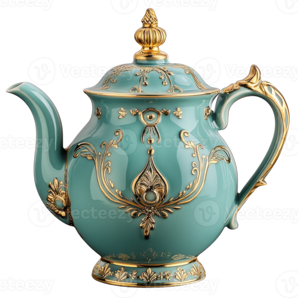 Elegant Teal Teapot with Gold Accents on transparent background. png